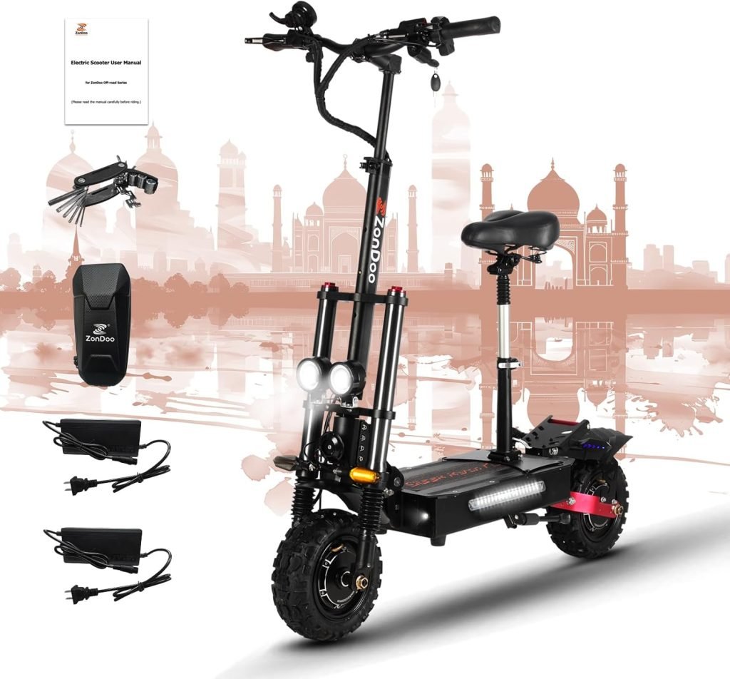 Electric Scooter Adults 50MPH to 60 MPH Speed ZonDoo 5600W 6000W Dual Motors 60 Miles Long Range Fat Tires Oil Hydraulic Brake Dual Suspension All Terrain E Scooter with Seat