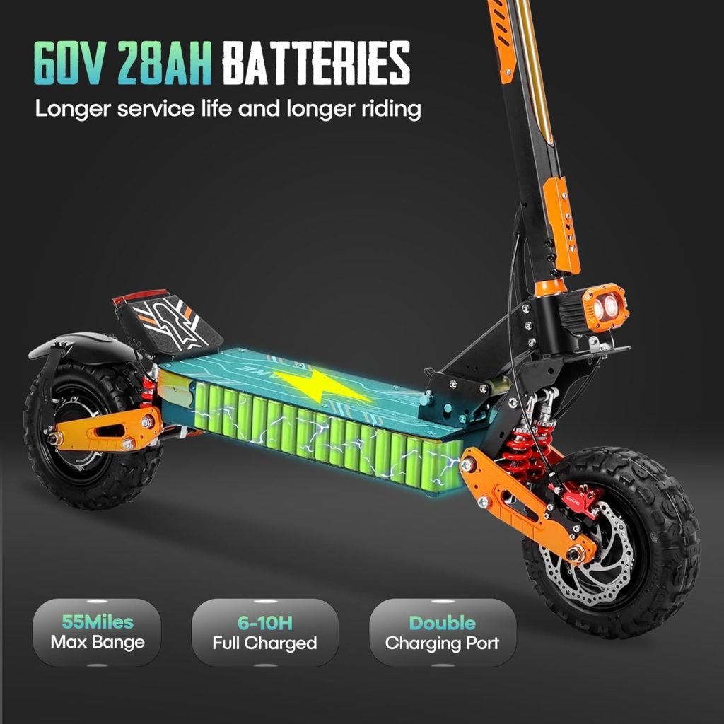 ZSNAKE Electric Scooter for Adults Dual Motors 5600W Up to 50 MPH 60V 28Ah Battery 55 Miles Range, 11 Tubeless Off-Road Tire Sports Folding E-Scooter with Detachable Seat