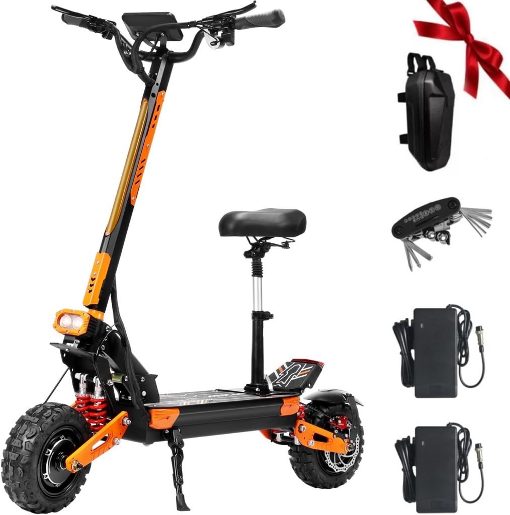 ZSNAKE Electric Scooter for Adults Dual Motors 5600W Up to 50 MPH 60V 28Ah Battery 55 Miles Range, 11 Tubeless Off-Road Tire Sports Folding E-Scooter with Detachable Seat