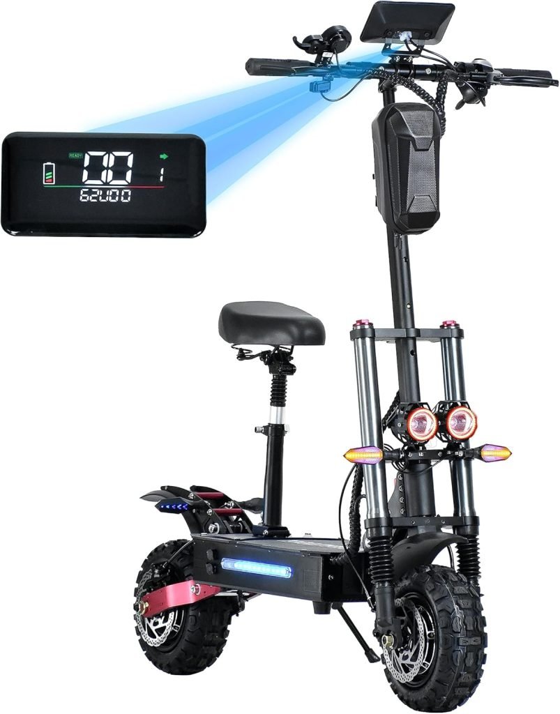Electric Scooter Adult, 11-inch 6000W High Power Dual Drive Sport Scooter with Seat, 60V38AH Range 70 MilesMAX Speed 55MPH,Off-Road Tires Electric Scooter