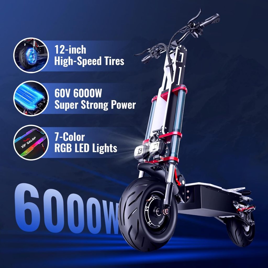 Electric Scooter Adult K8 6000w Dual Motor, Max Speed 50MPH Range 70 Miles, 12 Inch Street Tires Commuter Dual Suspension E-Scooter with Seat and RGB Light Electric Scooter Adult K8 6000w Dual Motor, Max Speed 50MPH Range 70 Miles, 12 Inch Street Tires Commuter Dual Suspension E-Scooter with Seat and RGB Light