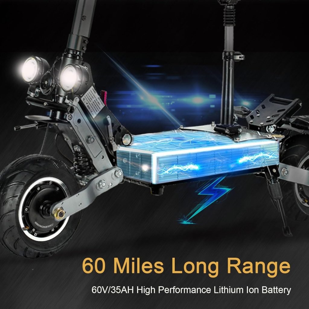 ZO01 Plus Electric Scooter, 6000W Dual Motors Up to 58 MPH, 60 Miles Range 60V35AH Battery, 10 Wider Fat Tires, C-Type Dual Suspensions Electric Scooter for Adults with Damper