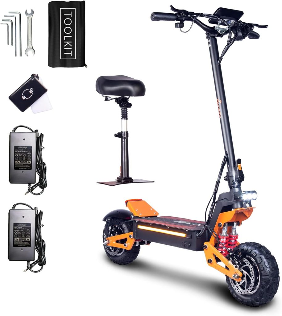 Adult Electric Scooter, 60V 6000W Front and Rear Dual Power, 11” Off-Road Tires for Street Commuting and Extreme Terrain Off-Road, Dual Brake System, Color LED Lights