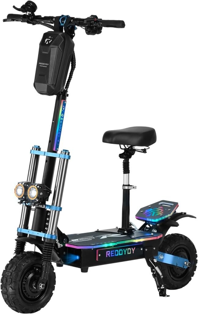 Adult Electric Scooter,6000W Dual Motors, 55 mph top Speed, 75 Mile Long Range, 60V Changing Light Effects Acrylic Panels, 11 Off-Road Tires, Blue Aluminum Frame