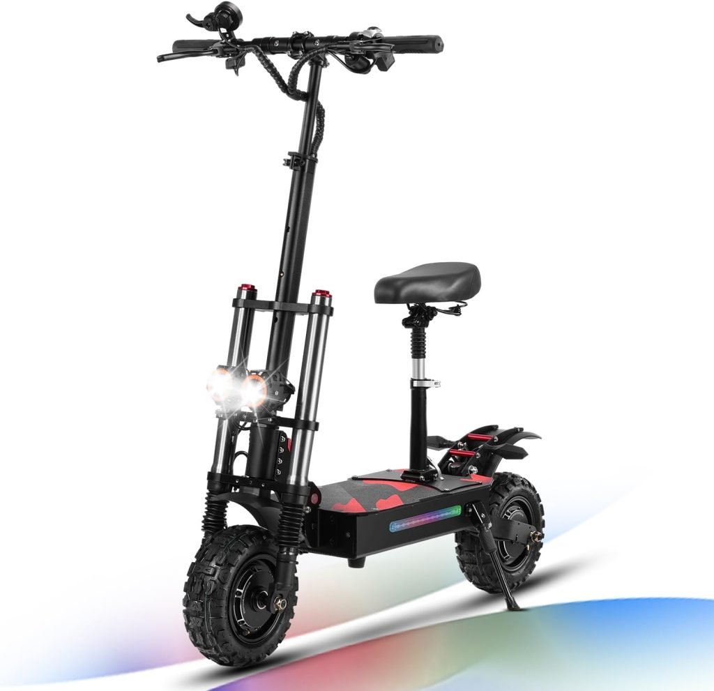 Electric Scooter 6000W High Power Dual Drive Motor, Top Speed 55 MPH, 60V38AH Long Range Battery Up to 65 Miles 11 Off-Road Tires Adult Electric Scooter with Detachable Seat