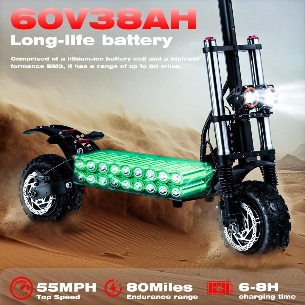 Electric Scooter 6000W High Power Dual Drive Motor, Top Speed 55 MPH, 60V38AH Long Range Battery Up to 65 Miles 11 Off-Road Tires Adult Electric Scooter with Detachable Seat