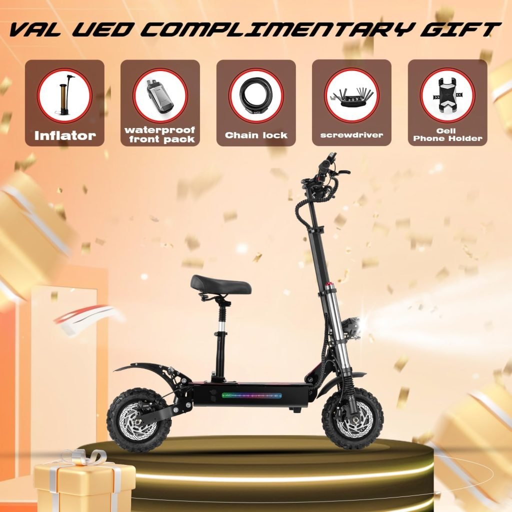 Electric Scooter 6000W High Power Dual Drive Motor, Top Speed 55 MPH, 60V38AH Long Range Battery Up to 65 Miles 11 Off-Road Tires Adult Electric Scooter with Detachable Seat