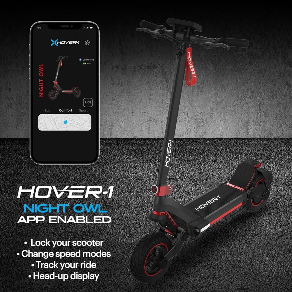 Hover-1 Night Owl Electric Folding Scooter, 31 MPH Top Speed, 37 Mile Range, 1200 Watts Max Power, 10.5” Offroad Tires, Dual Disc Brakes, Front  Rear Suspension Motorized Scooter for Adults  Teens