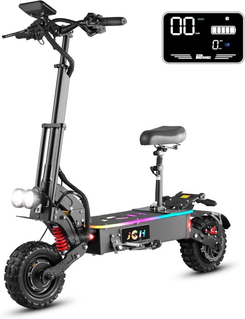 JGH 6000W 40Ah Dual Motor Electric Scooter for Adults with Seat, 65-75 Mile Range, 55MPH Top Speed, Foldable, LED Display, Non-Slip Deck, Adjustable Handlebar Height JGH 6000W 40Ah Dual Motor Electric Scooter for Adults with Seat, 65-75 Mile Range, 55MPH Top Speed, Foldable, LED Display, Non-Slip Deck, Adjustable Handlebar Height