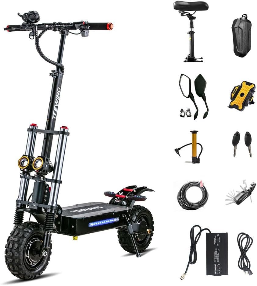 X5 55mph Electric Scooter for Adults with Seat, Kick Scooter with 6000W Dual Motor, Scooters with 60V38AH Lithium Battery  75 Miles Long Range, 11 Tubeless Off-Road Tires. Black