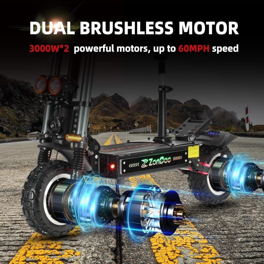 Electric Scooter Adults 56MPH Speed,6000W Dual Motor Up to 60Miles Long Range 11 Tires Dual Suspension Heavy Duty Fast Offroad Electric Scooter for Adults with Detachable Seat and Damper
