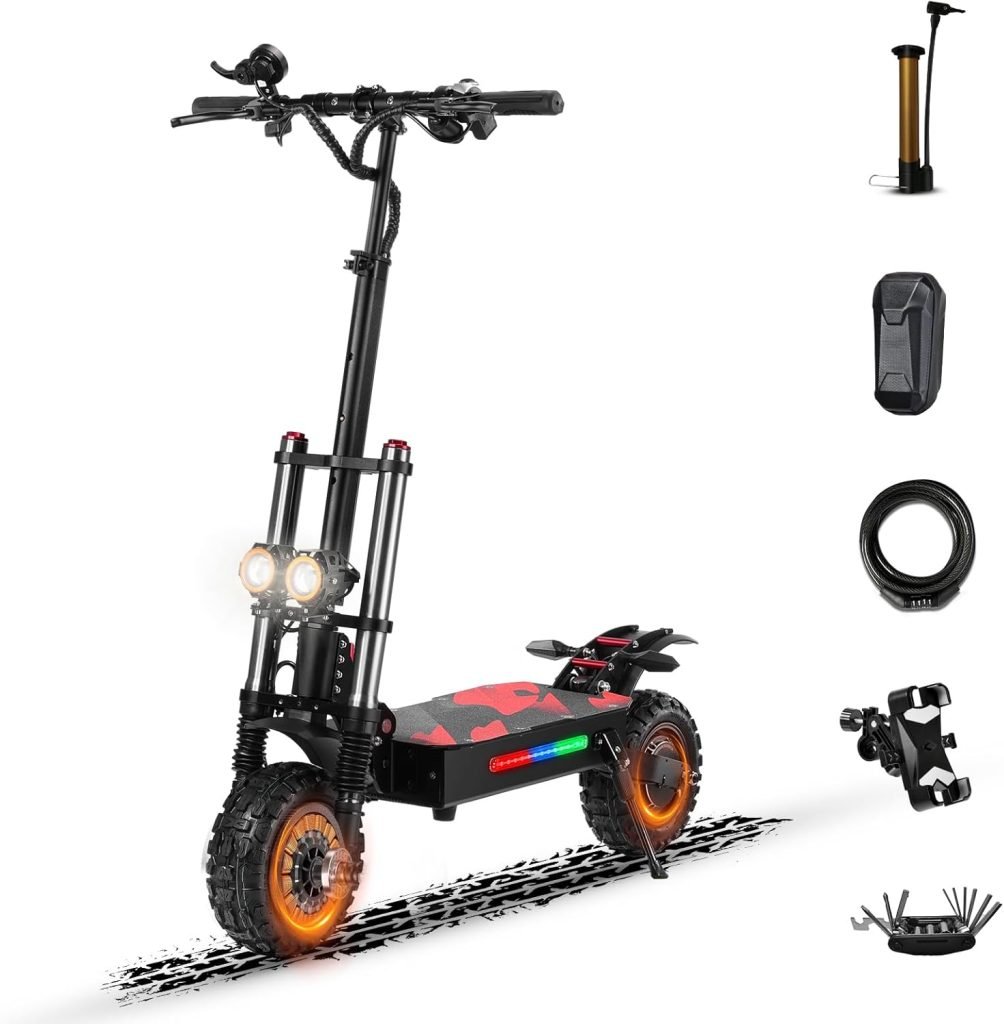 Electric Scooter for Adult,6000w Dual Motor Up to 55mph,60V38Ah Lithium Battery，Range to 80Miles 11 Inch Tubeless Off Road Tires 800lbs Max Load Fast Electric Scooter with seat Black