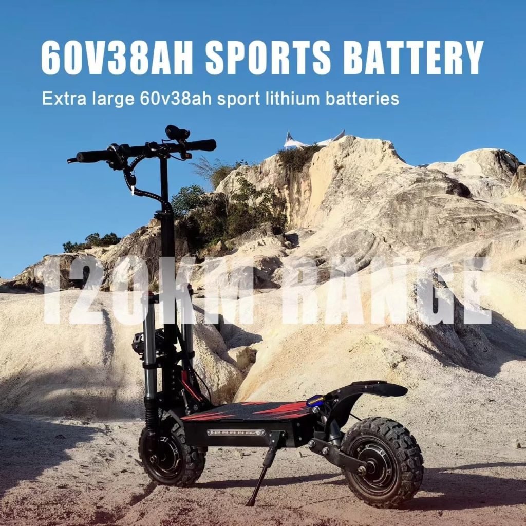 Electric Scooter for Adult,6000w Dual Motor Up to 55mph,60V38Ah Lithium Battery，Range to 80Miles 11 Inch Tubeless Off Road Tires 800lbs Max Load Fast Electric Scooter with seat Black