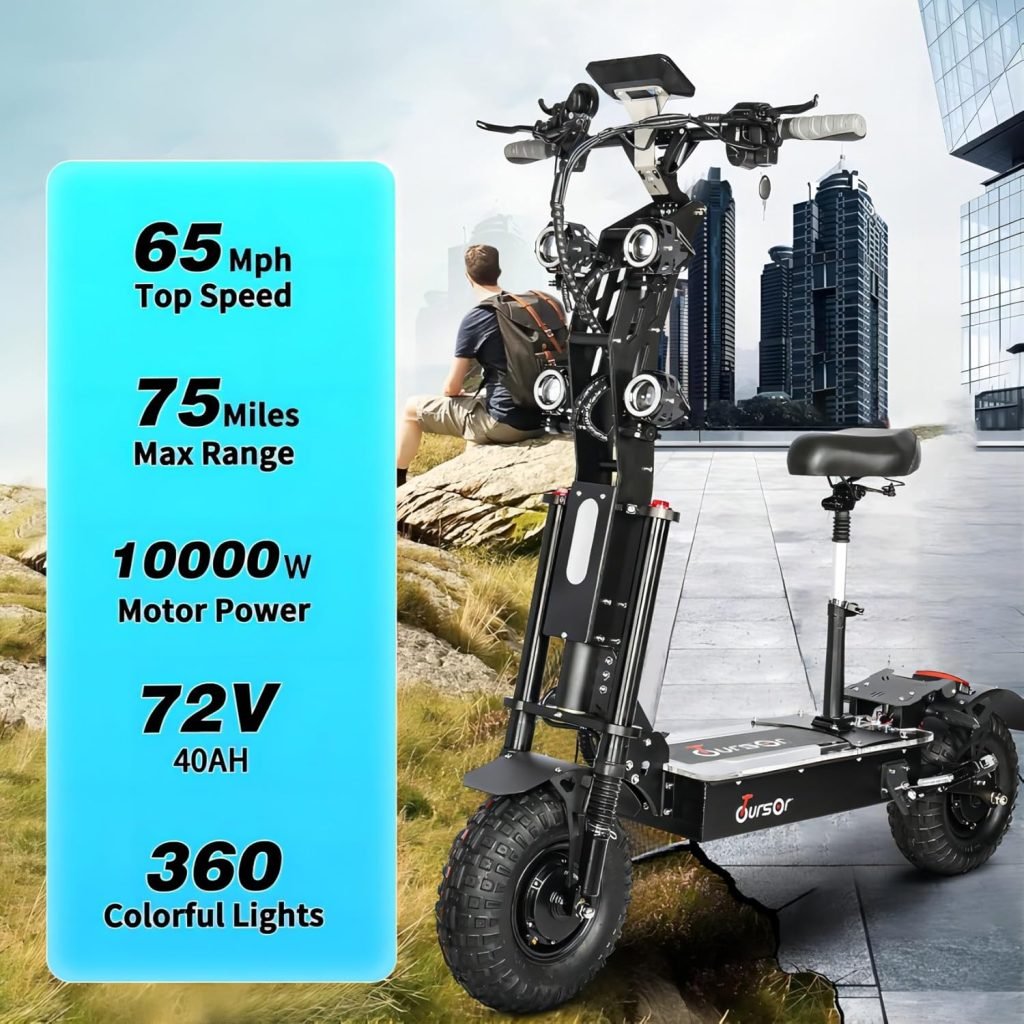 Electric Scooter with Seat for Adults, 72V 10000W Dual Motor Up to 65MPH 40Ah Battery 75 Miles Range,with 14 Off-Road Tires, Foldable