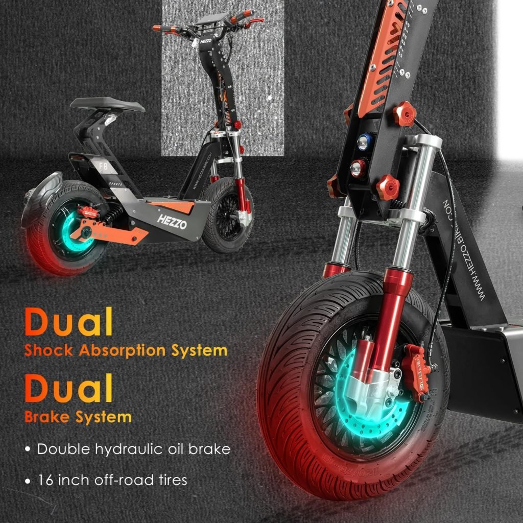 HEZZO F8 Escooter 72V 8000W Motor Foldable Electric Scooter for Adults with Seat NFC Dual Brake System 50Ah 21700 Lithium Battery 16 Fat Tires Off Road Range 65Miles Skateboard