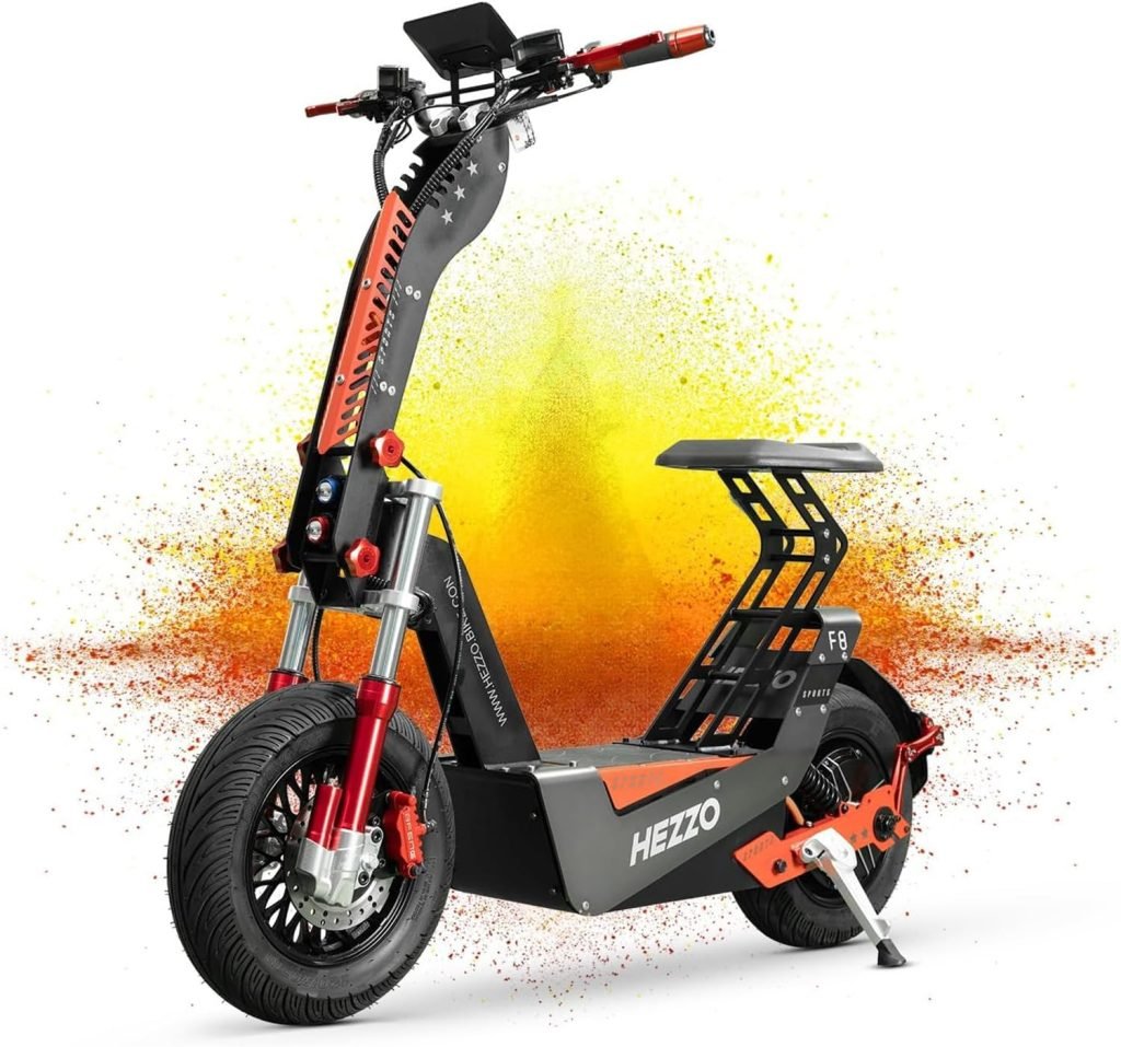 HEZZO F8 Escooter 72V 8000W Motor Foldable Electric Scooter for Adults with Seat NFC Dual Brake System 50Ah 21700 Lithium Battery 16 Fat Tires Off Road Range 65Miles Skateboard