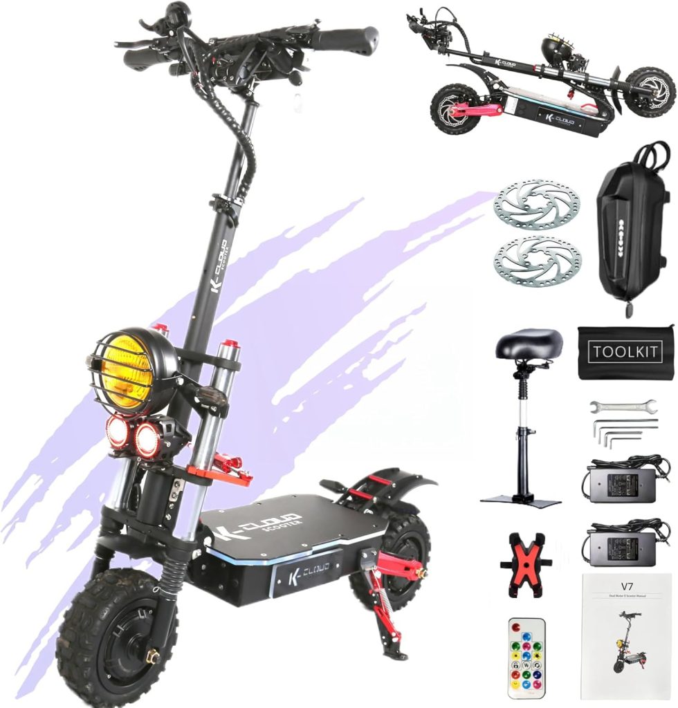 K Cloud Electric Scooter Adults, Dual Motor 6000W, Up to 52Mph and 85KM Range, 60V 38.4A Battery, 11 Tubeless Tires, Oil Brake, Colorful Ambient Light, Hydraulic Shock Absorption K Cloud Electric Scooter Adults, Dual Motor 6000W, Up to 52Mph and 85KM Range, 60V 38.4A Battery, 11 Tubeless Tires, Oil Brake, Colorful Ambient Light, Hydraulic Shock Absorption