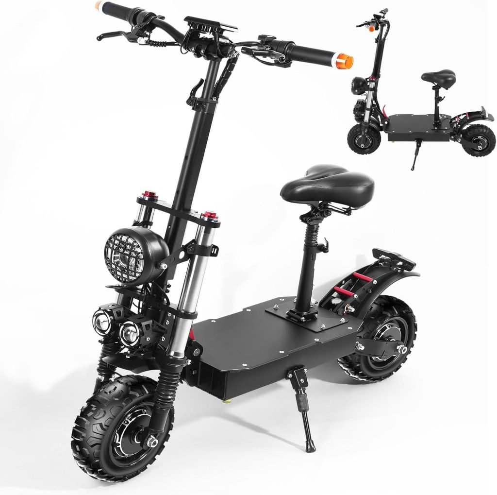 Off Road Electric Scooter for Adults-Max Speed 60MPH 65 Miles Range，Total Power 5600W,60V Dual Drive，11-inch Wheels Removable Seat，Foldable Commuter Scooter
