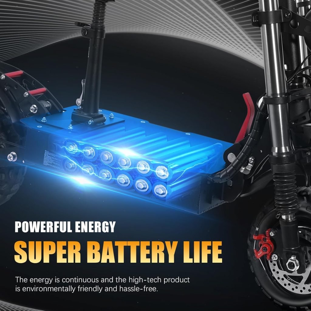 Off Road Electric Scooter for Adults-Max Speed 60MPH 65 Miles Range，Total Power 5600W,60V Dual Drive，11-inch Wheels Removable Seat，Foldable Commuter Scooter