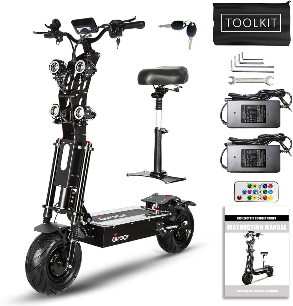 Adult Electric Scooter with Seat, 60V 10000W Dual Motor, 60MPH Top Speed 50Ah Battery, 70 Mile Range with 13 Road Tires, Foldable.