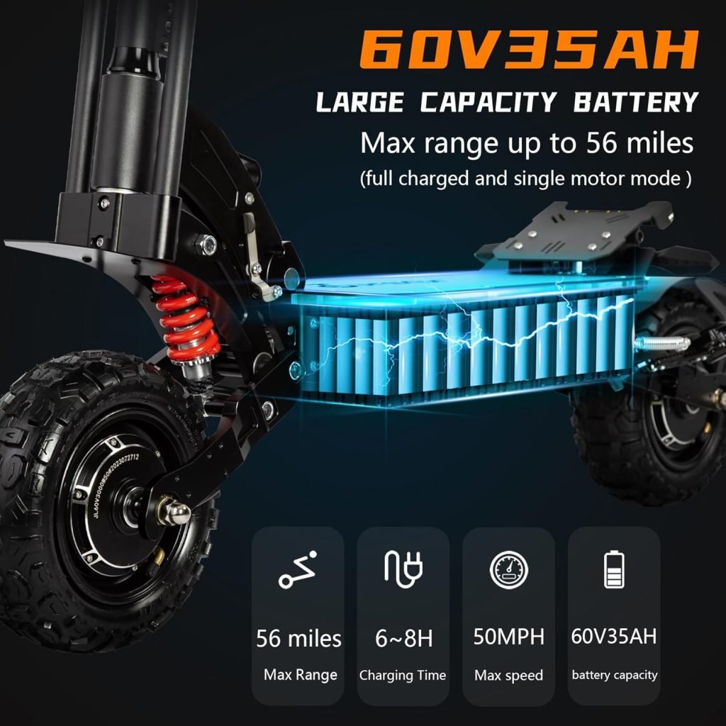Electric Scooter Adults with Seat, 60V 6000W Dual Power, Curved Handle Rotational Acceleration, Colorful Ambient Lighting, and 11 Off-Road Tires for Street Commuting and Limit Offroad.