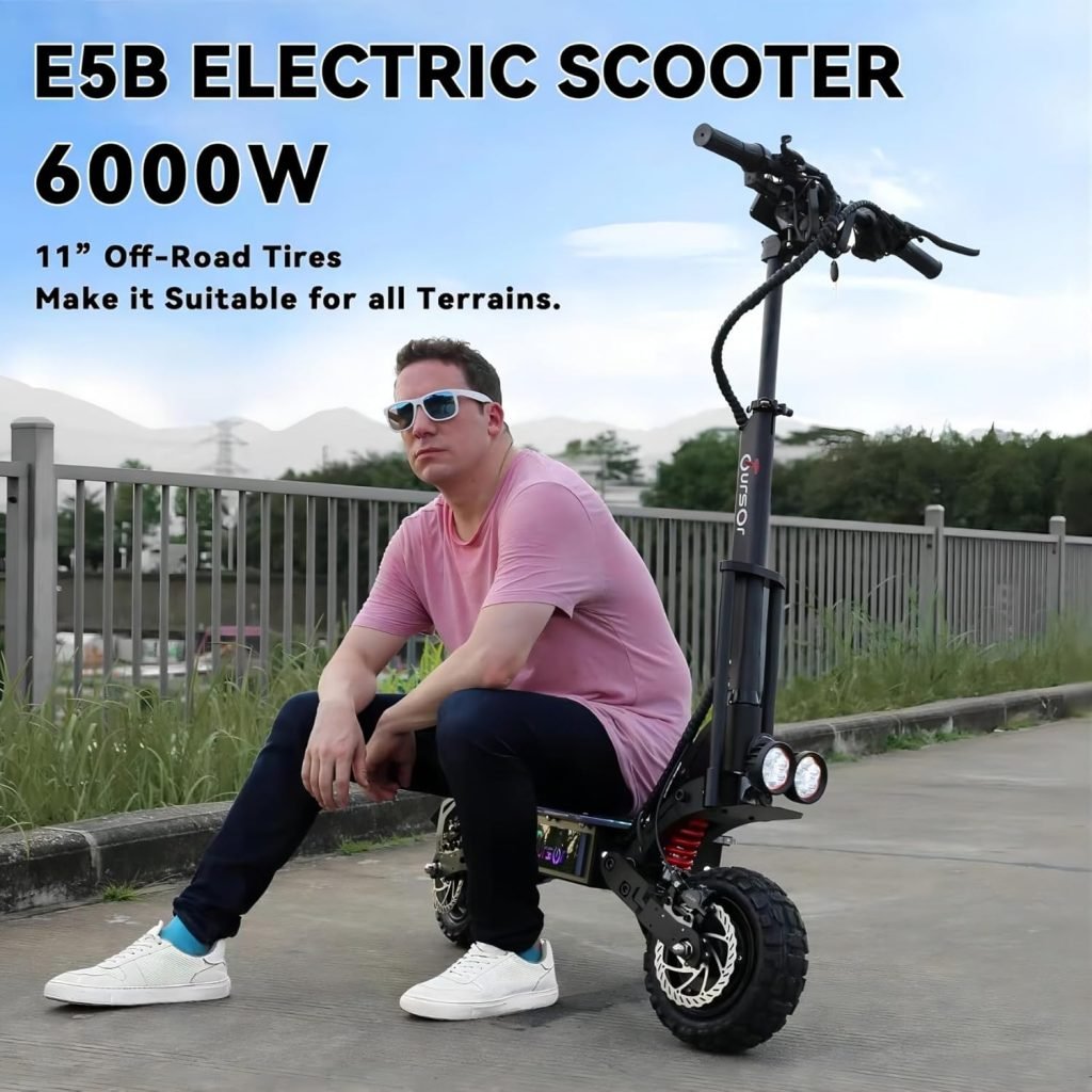 Electric Scooter Adults with Seat, 60V 6000W Dual Power, Curved Handle Rotational Acceleration, Colorful Ambient Lighting, and 11 Off-Road Tires for Street Commuting and Limit Offroad.
