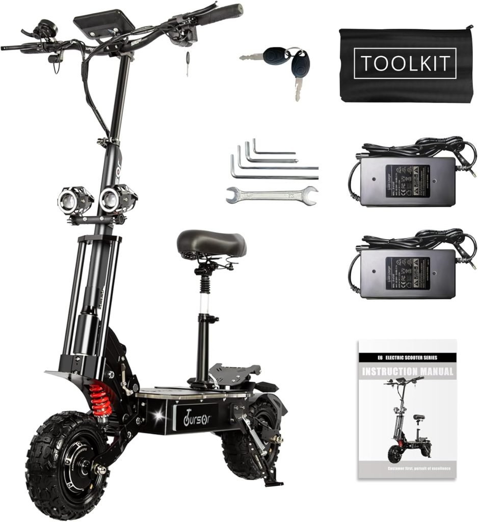 Electric Scooter Adults with Seat, 60V 6000W Dual Power, Curved Handle Rotational Acceleration, Colorful Ambient Lighting, and 11 Off-Road Tires for Street Commuting and Limit Offroad.