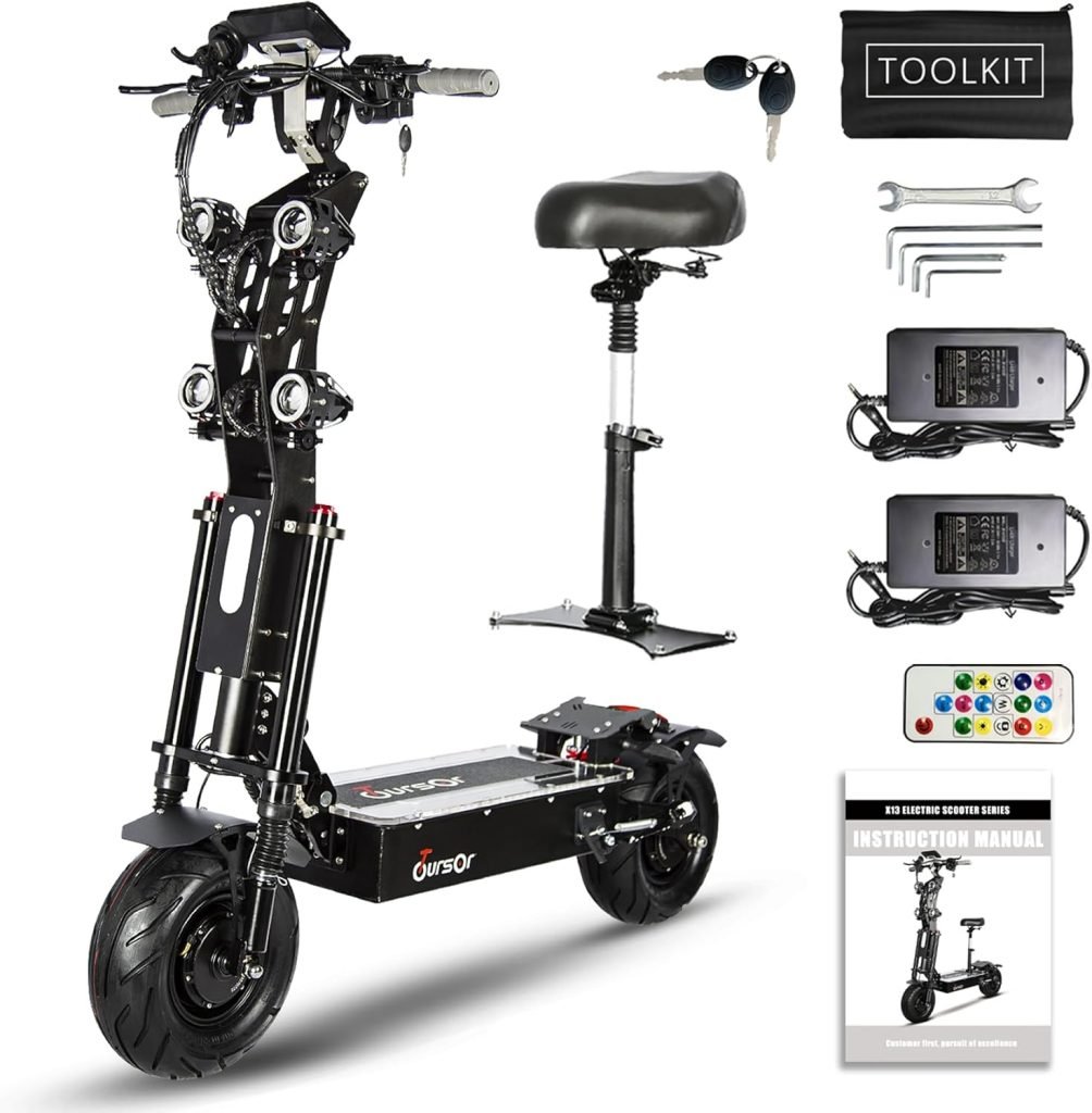 Foldable Electric Scooter with Seat, High Power 10,000W Dual Motor 72V 40A Extra Long Range, 13 On-Road Tires, Adult Electric Scooter