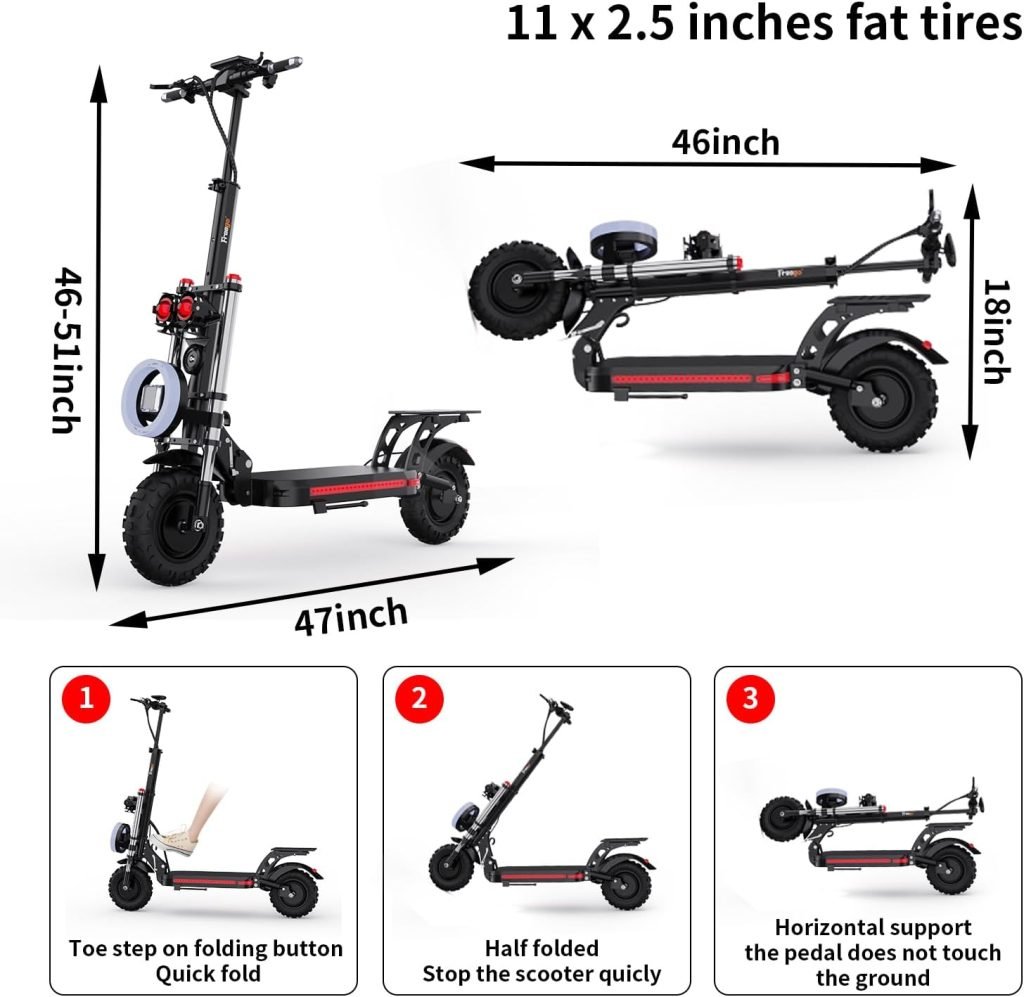 Freego Electric Scooter Adults, 48V/17.5Ah,11 Fat Tires, Max 50 Miles Range, 2400W Dual Motor, Max 37 MPH Speed, Dual Hydraulic Brake, ES11 Pro Folding Commuting Electric Scooter Adults